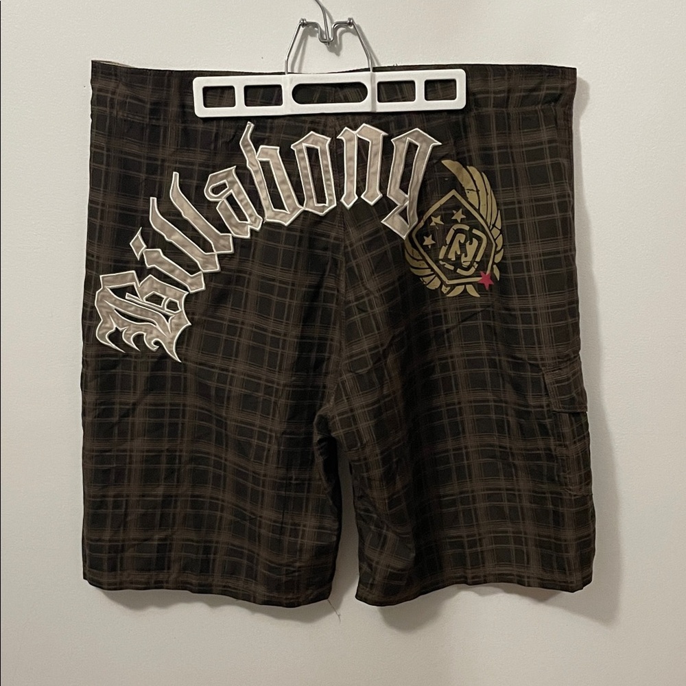 Billabong Dark Plaid Shorts with Logo